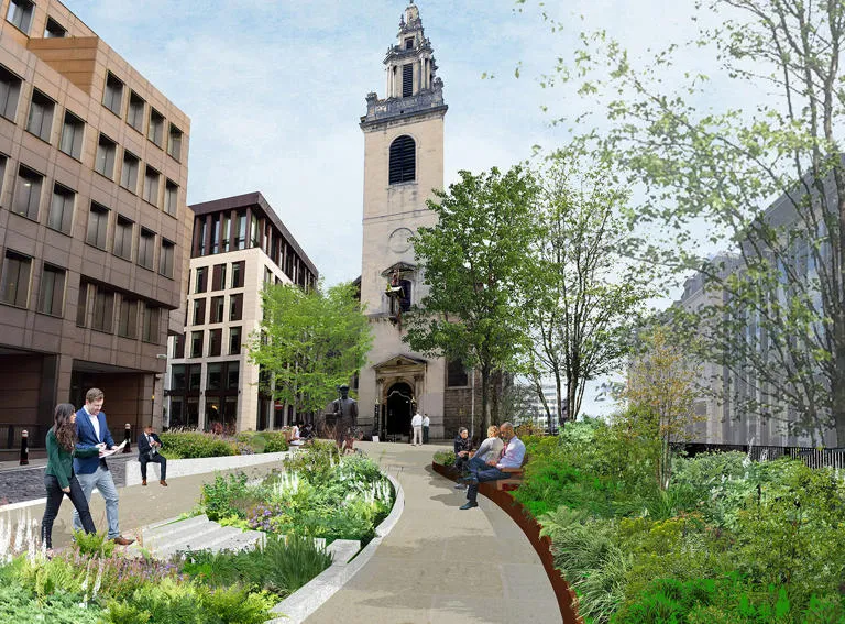 Little Trinity Lane mockup which shows planted trees and seating