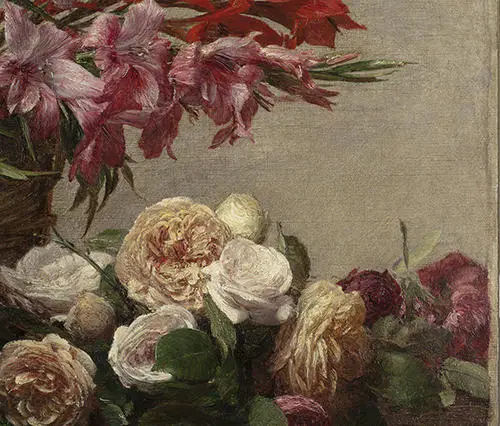 close-up of painting of flowers in a basket after retouching tear