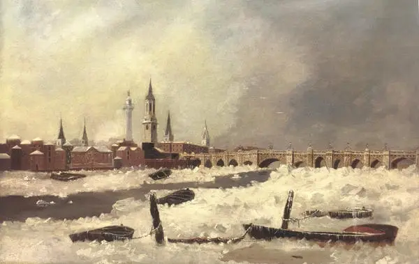 Painting of frozen River Thames and London Bridge with dark sky