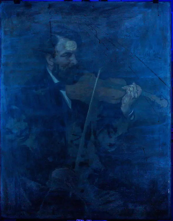 Painting of man playing the violin under ultraviolet light
