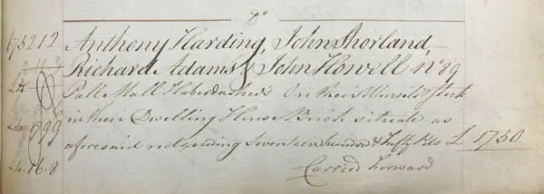 Sun Fire Insurance Policy, for Anthony Harding, John Shorland, Richard Adams and John Howell on the Pall Mall Haberdashers in 1798