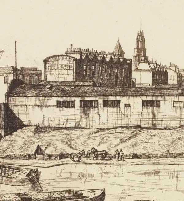Portion of Kornbluth's 1934 etching of Bow Creek, Stepney, showing a garage, church and canal