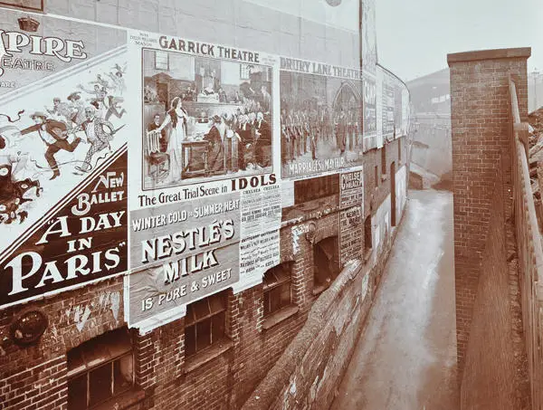Advertising boards for the Empire, Garrick, and Drury Lane Theatres, 1908 (LPA 232657)