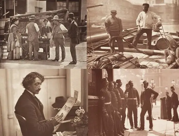 Montage of images showing the Seller of Shell Fish, Workers on the silent highway, 'Tickets' - the card dealer, Recruiting Sergeants at Westminster