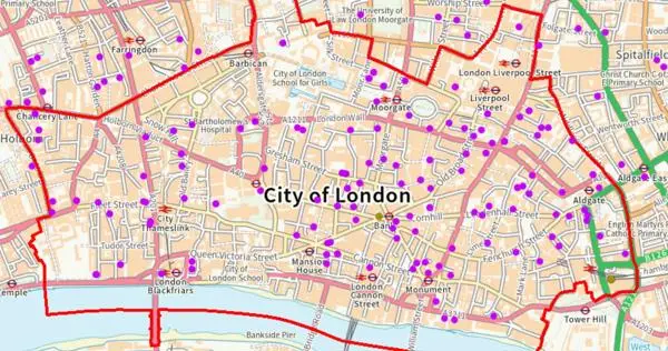 map showing serviced office space in the City of London 