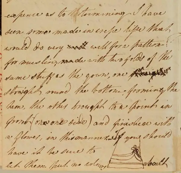 Part of the second page of a hand-written letter with a drawing of the hem of a dress.