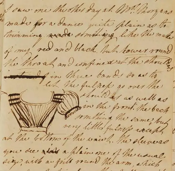 Part of the third page of a hand-written letter with a drawing of a blouse.