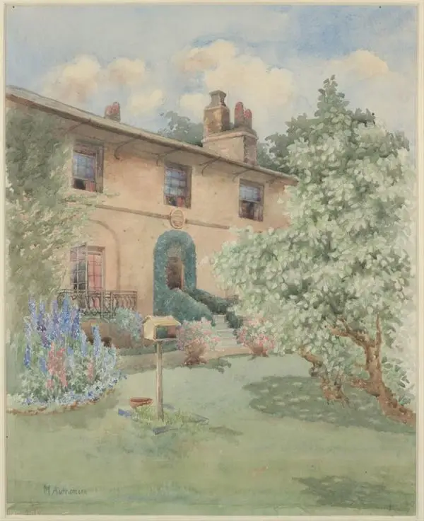 A watercolour of the front of Keats House, with the mulberry tree on the right and a bird table in the foreground.