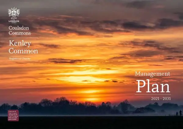 Cover image for the Kenley Common Management Plan showing a red sunset over an open airfield with trees