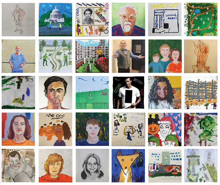 A collection of square canvas paintings