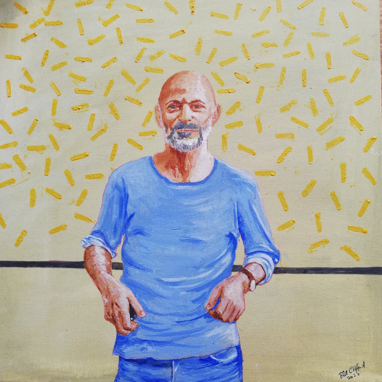 Painting of a man in a blue shirt