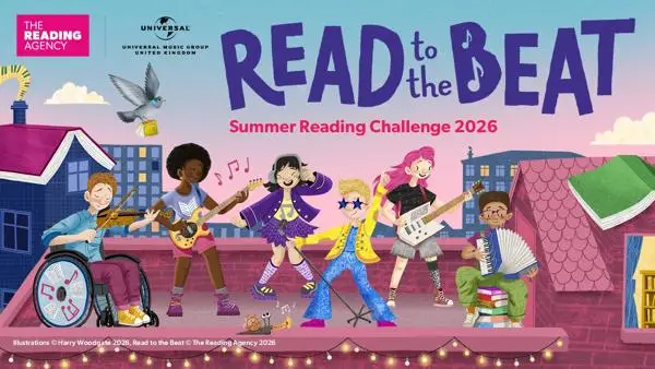 Colourful illustrated poster for “Read to the Beat: Summer Reading Challenge 2026,” featuring cartoon children playing musical instruments on a rooftop stage against a city skyline. The design includes bright, playful colours, musical notes, and books, with logos for The Reading Agency and Universal Music Group at the top.