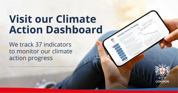 A person visiting the Climate Action Dashboard on a smartphone, alongside the words "Visit our climate action dashboard. We track 37 indicators to monitor our climate action progress"