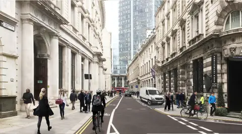 A historic London street with proposed upgrades, showing a central carriageway used by cyclists, pedestrians along widened pavements, and a mix of historic stone buildings with a modern glass tower in the background.