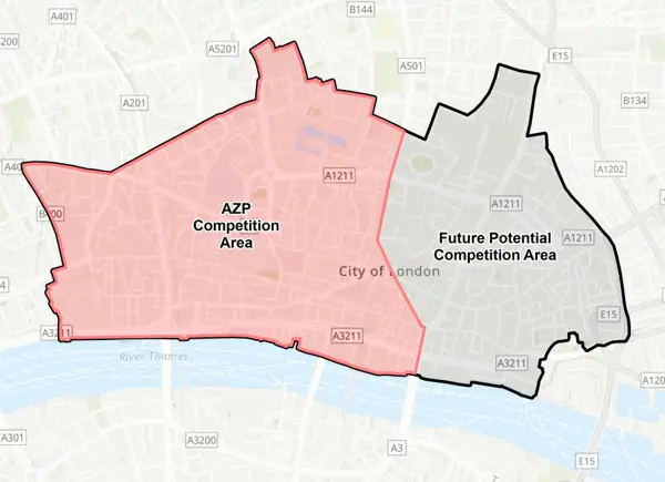 Illustration of the Advanced Zoning Programme competition area for the Heat Network Development Partner tender, and the eastern Square Mile area which may form part of a future competition area.