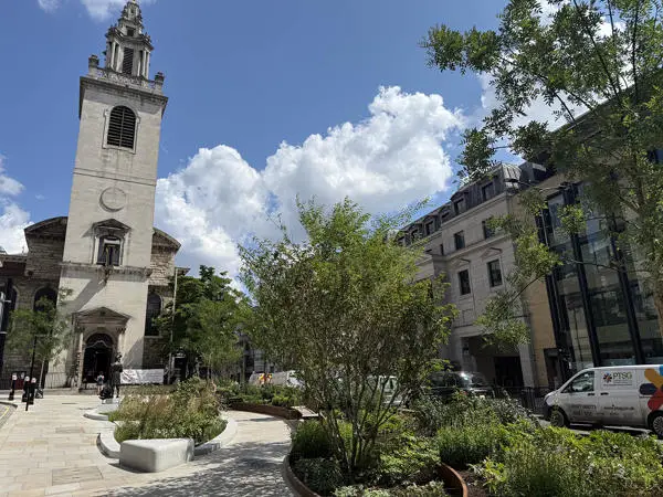 View of St James Garlickhythe church alongside planting, seating and greening