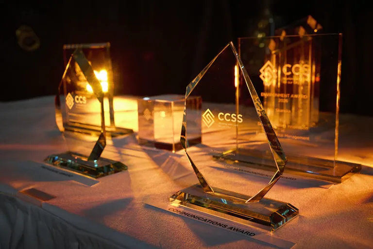 a photo of trophies foe the considerate contractor steel works scheme