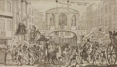 Temple Bar with a crowd of figures in the eighteenth century