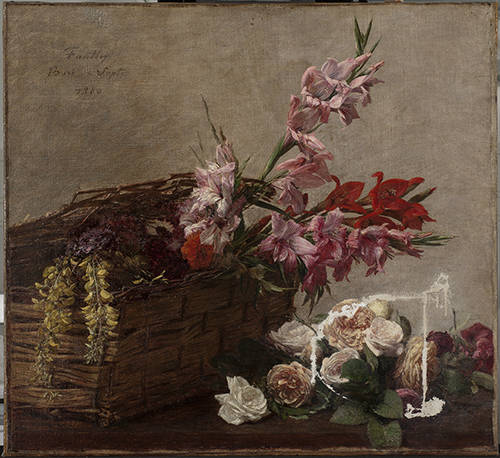 painting of flowers in a basket and on a table after filling the area of the tear with chalk putty