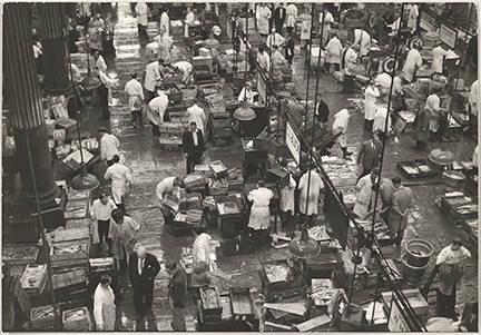 Raised view looking down on fishmongers, porters and fish stalls in Billingsgate fish market.