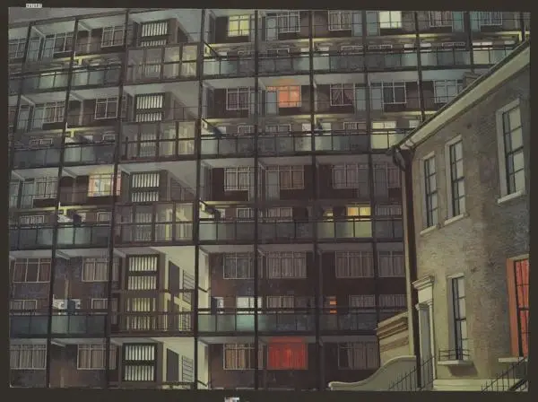 Painting of a block of flats in dark colours and different lights