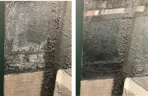 Detail of a painting before and after the removal of the white efflorescence