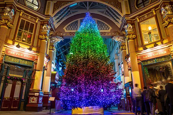 Illuminated Christmas tree at a Victorian market