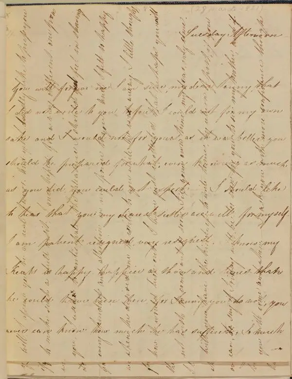 A hand-written letter, with cross-hatched writing. The first page of Fanny Brawne’s letter to Fanny Keats of 27 March 1821.