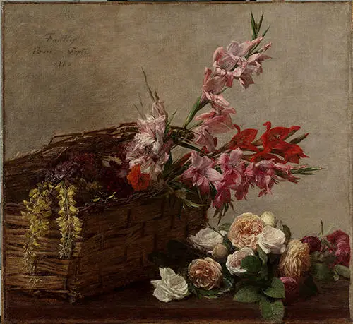 painting of flowers in a basket and on a table