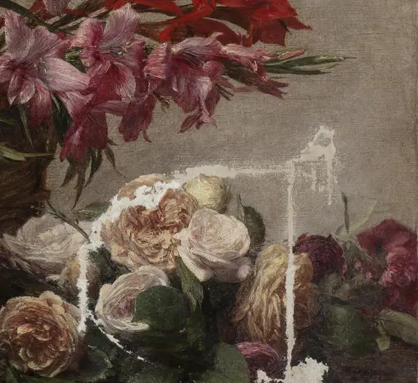 close-up of the tear with chalk putty on painting of flowers in a basket