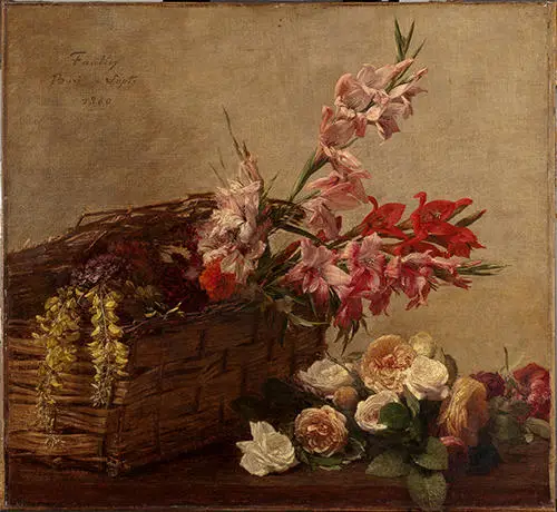 painting of gladioli and roses in a basket and on a table
