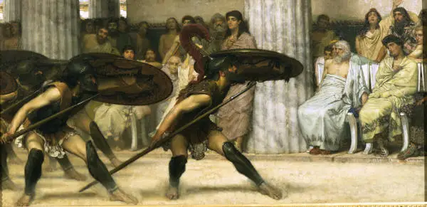 painting of roman gladiators with shields and spears