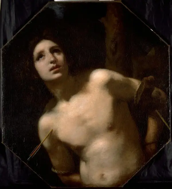 painting of a bare-chested man with his hands tied up behind his back