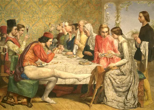 painting of men and women sitting around a table having food