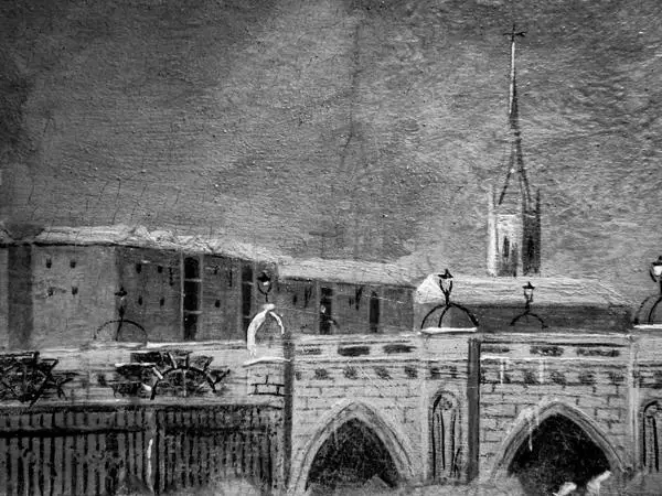 Black and white image of close-up on steeple on a painting