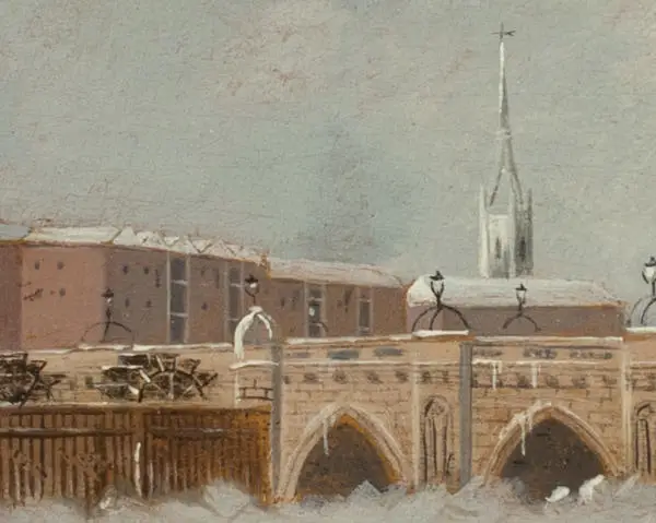 Close-up on steeple on a painting