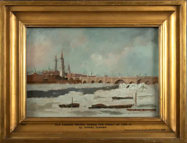 Framed painting of frozen River Thames and London Bridge in the background