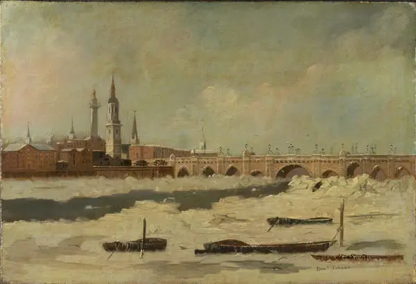 Painting of frozen River Thames and London Bridge in the background