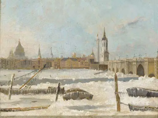 Painting of frozen River Thames and London Bridge with boats