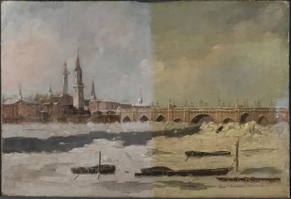 Two coloured painting of frozen River Thames and London Bridge