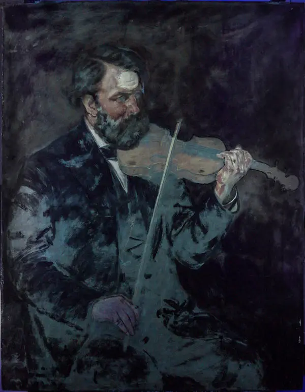 Painting of man playing the violin with discoloured patches
