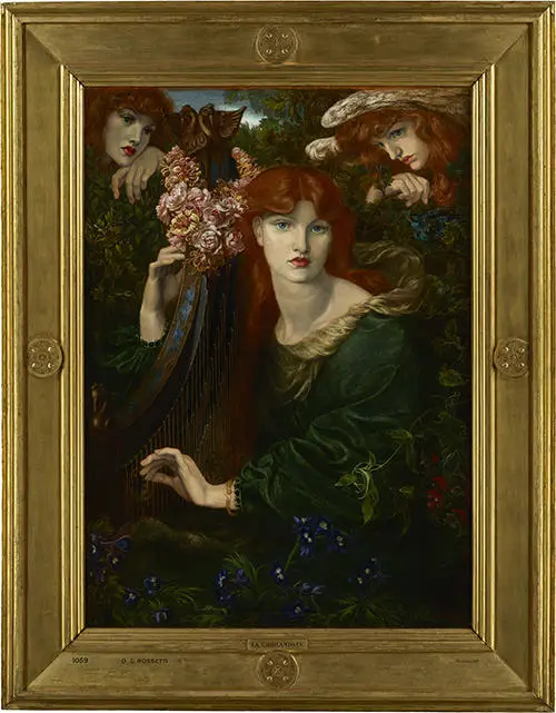 painting of a woman playing a harp as two angels surround her enclosed by vivid flowers