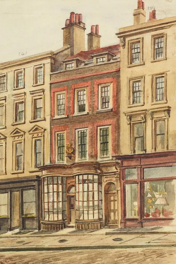 Watercolour view of old houses and shop fronts on New Bond Street, 1887