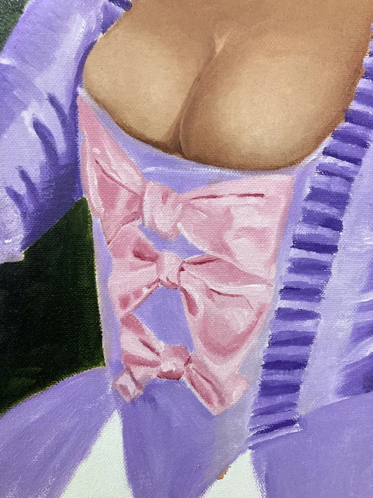Close up of the bust and torso of a woman dressed in a purple dress with bows