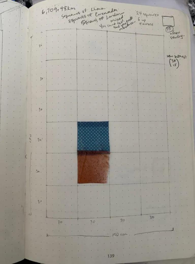 A grid on graph paper with twenty four squares. Two of the squares are filled in with coloured pieces of fabric. 