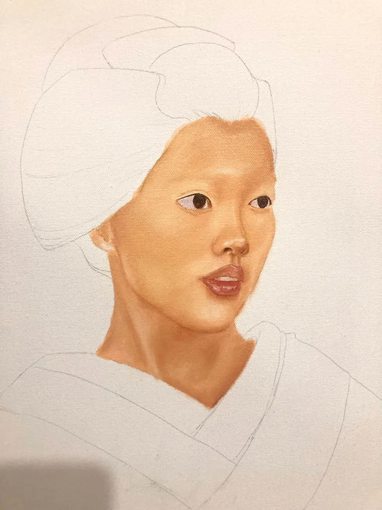 An unfinished pencil and oil paint sketch of the head and shoulders of a women