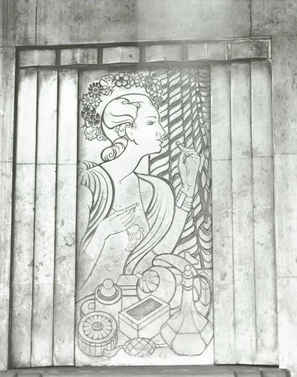 Decorative panel depicting beauty products from the front of Barkers of Kensington, 1985