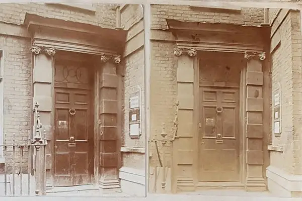 Black and white photograph of the doorway at 6 Catherines Court