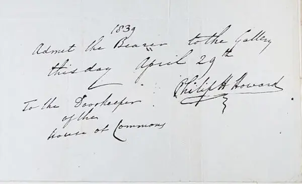 Handwritten ticket granting admittance to the public gallery at the House of Commons, 1839