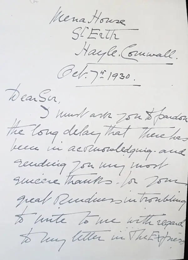 Handwritten letter to William Begley, October 1930